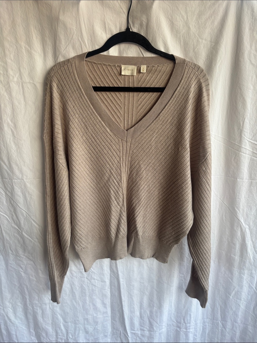 Cyrus Taupe V-Neck Diagonal Ribbed Knit Sweater